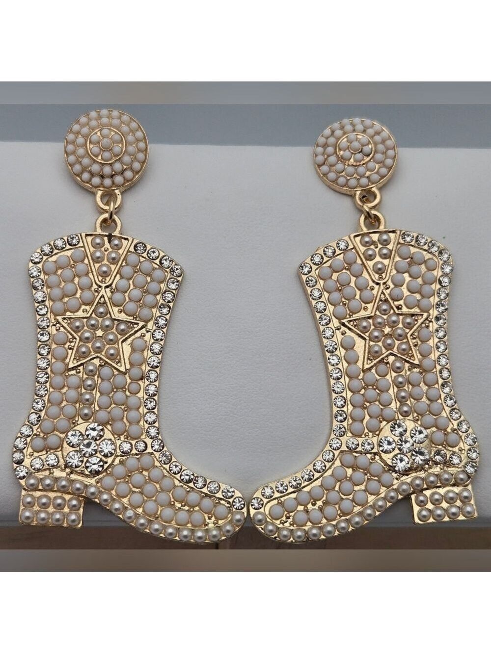 ✨2/$10✨ Western Boot Statement Stud Earrings 2.5" Rhinestone & Pearl Gold Tone